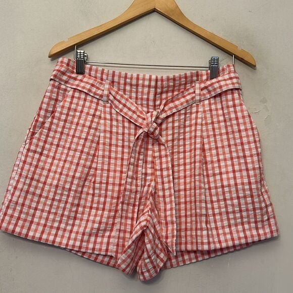 Loft pink white checkered tie waist ruffle shorts Size M New - Picture 2 of 9